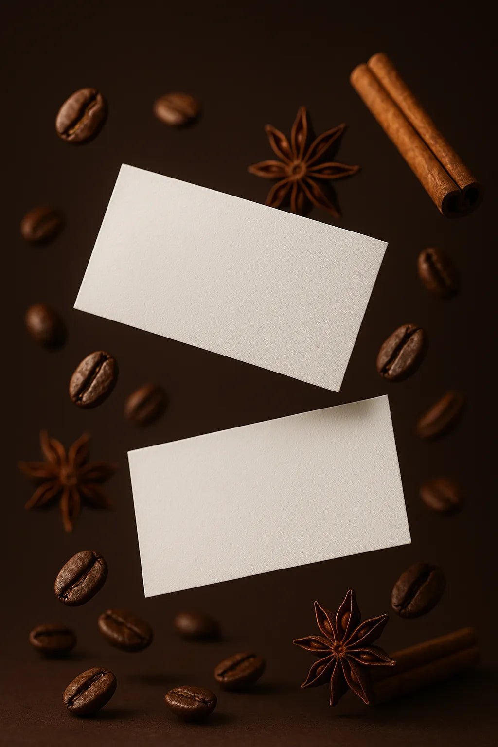 Example output from the Dual Floating Business Card Mockups ChatGPT prompt: elegant business card pairs floating mid-air. Preview 6.