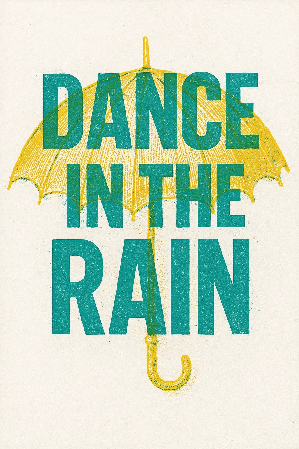 Example output of duo-tone silkscreen overprint poster design generated by a ChatGPT prompt template. Dance in the rain.