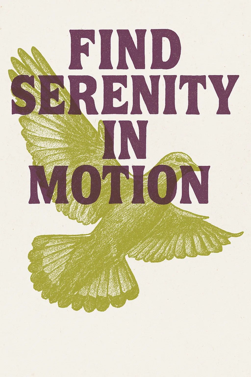 Example output of duo-tone silkscreen overprint poster design generated by a ChatGPT prompt template. Find serenity in motion.