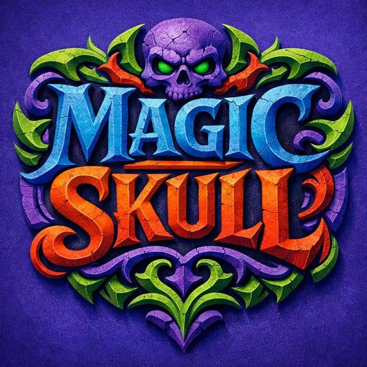 Colorful fantasy crest logo with ornate typography, mythical symbol, and bold emblem-style design on textured background: Magic Skull