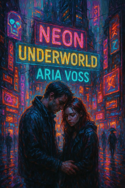 Example of richly detailed book cover artwork, featuring seamlessly integrated title text over bold painterly background: Neon Underworld.