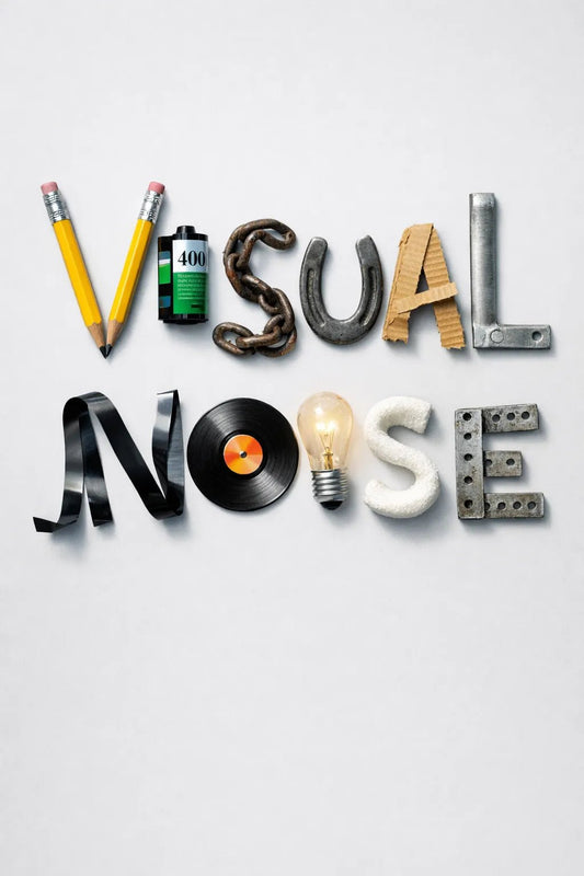 Experimental object typography poster featuring sculptural letters formed from real-world objects, arranged in a clean gallery-style composition: Visual Noise
