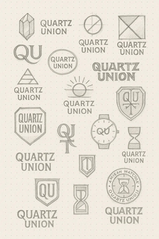 Example output from the Expert Logo Concept Sketch Pages ChatGPT prompt: logo design sketches on dotted paper, featuring varied hand-drawn marks, visual metaphors, and branding experiments ideal for concept presentations. Quartz Union.