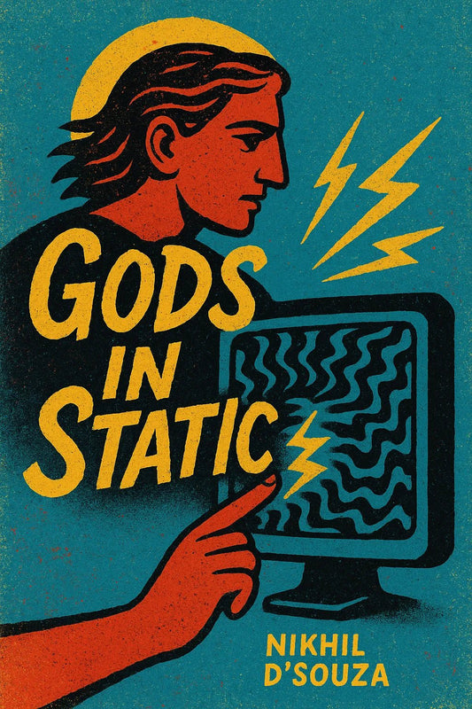 Example output from the Expressive Illustrated Book Covers ChatGPT prompt: bold, symbolic book cover illustration, Gods in Static.