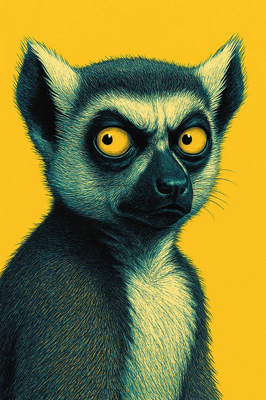 Example output from the Expressive Pop Art Animal Portraits ChatGPT prompt: surreal close-ups of expressive animals in pop art style. Lemur.