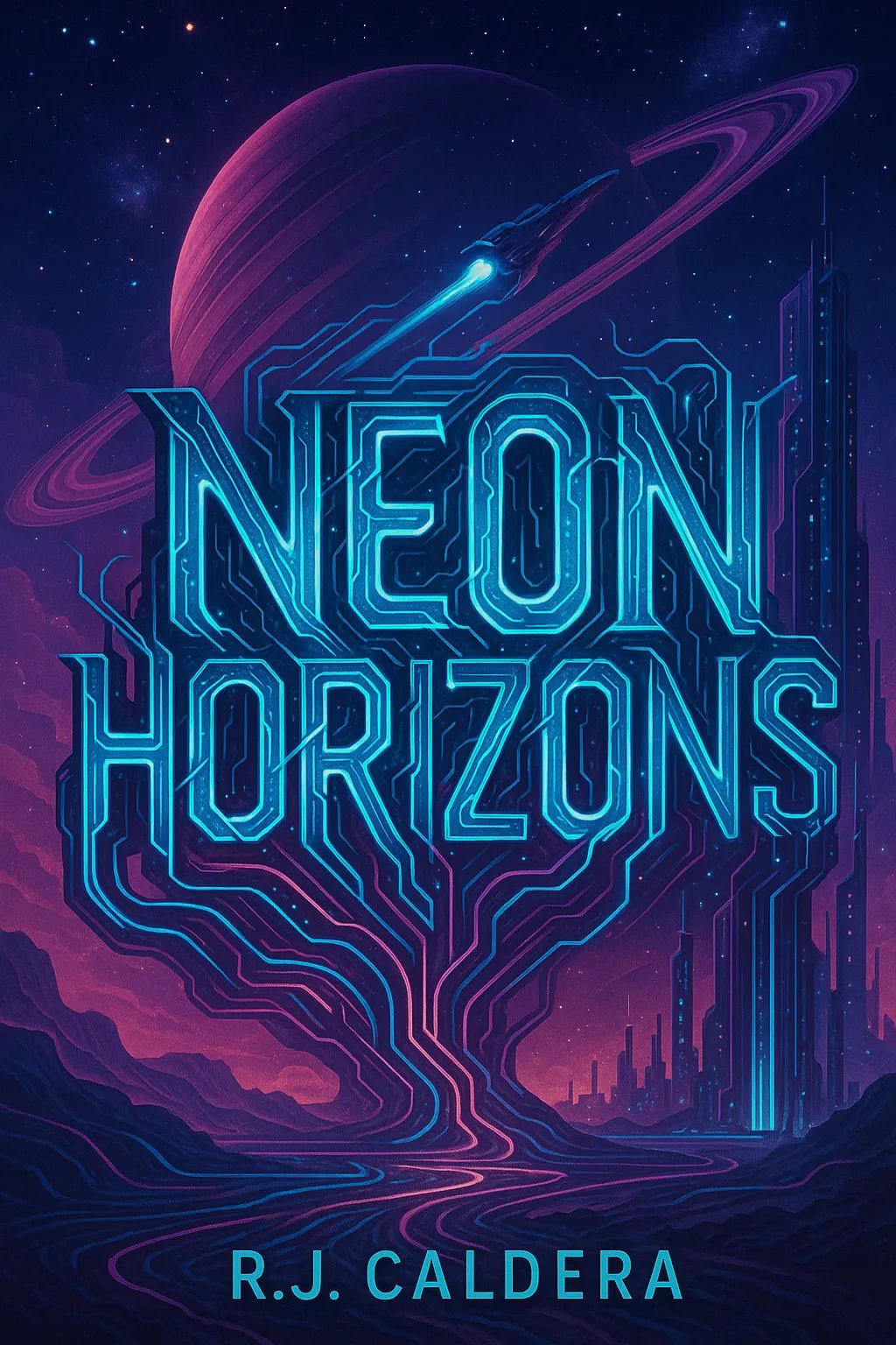 Example output from the Expressive Typography Book Cover ChatGPT prompt: Neon Horizons