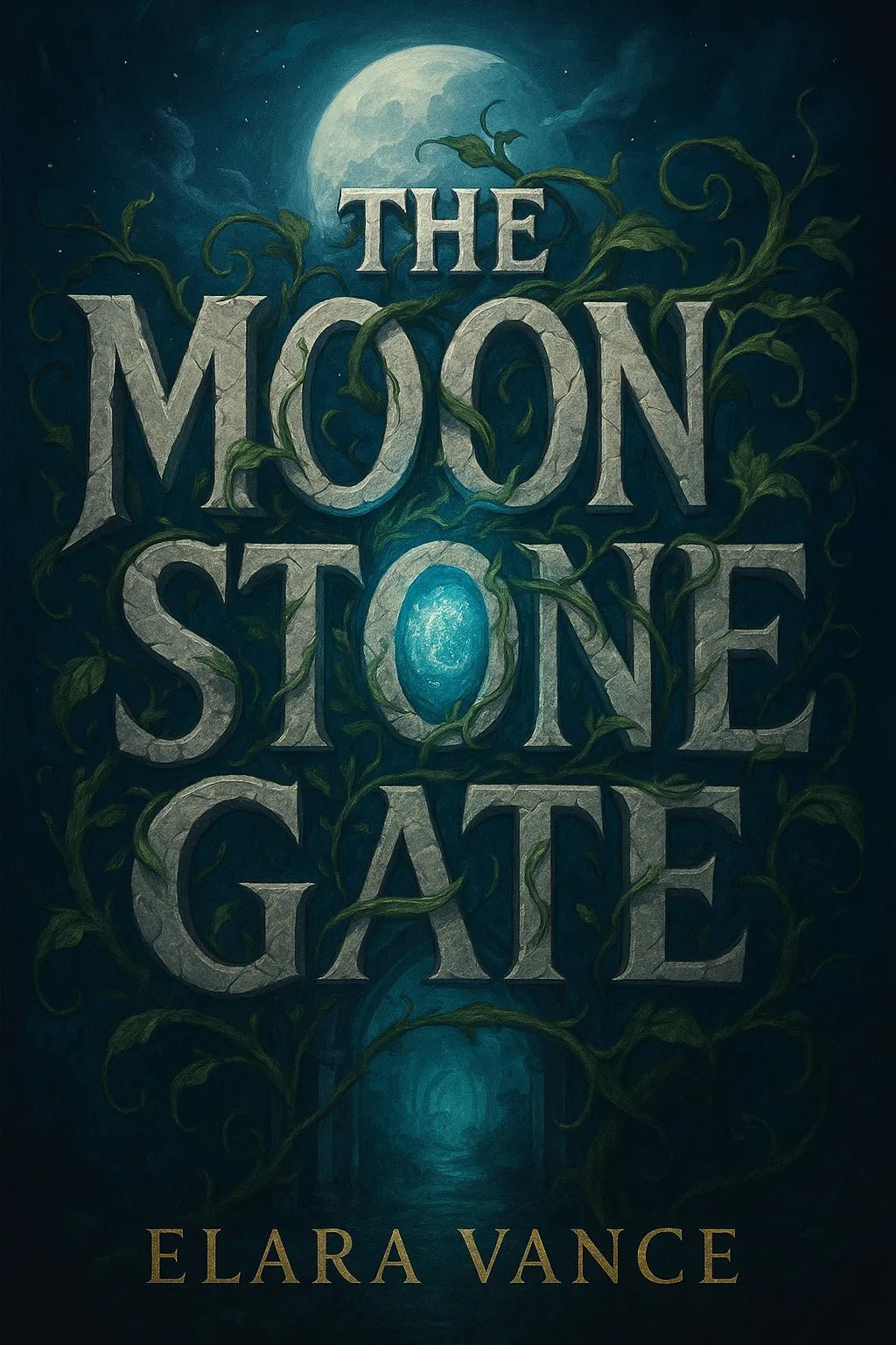 Example output from the Expressive Typography Book Cover ChatGPT prompt: The Moon Stone Gate