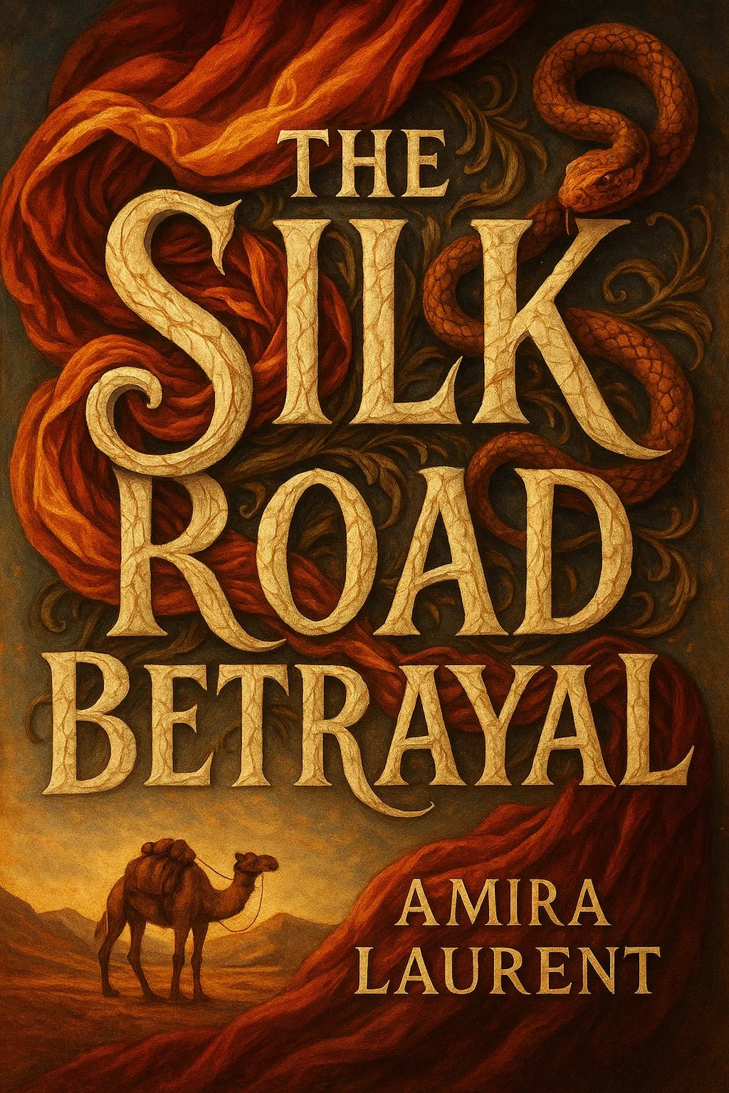 Example output from the Expressive Typography Book Cover ChatGPT prompt: The Silk Road Betrayal