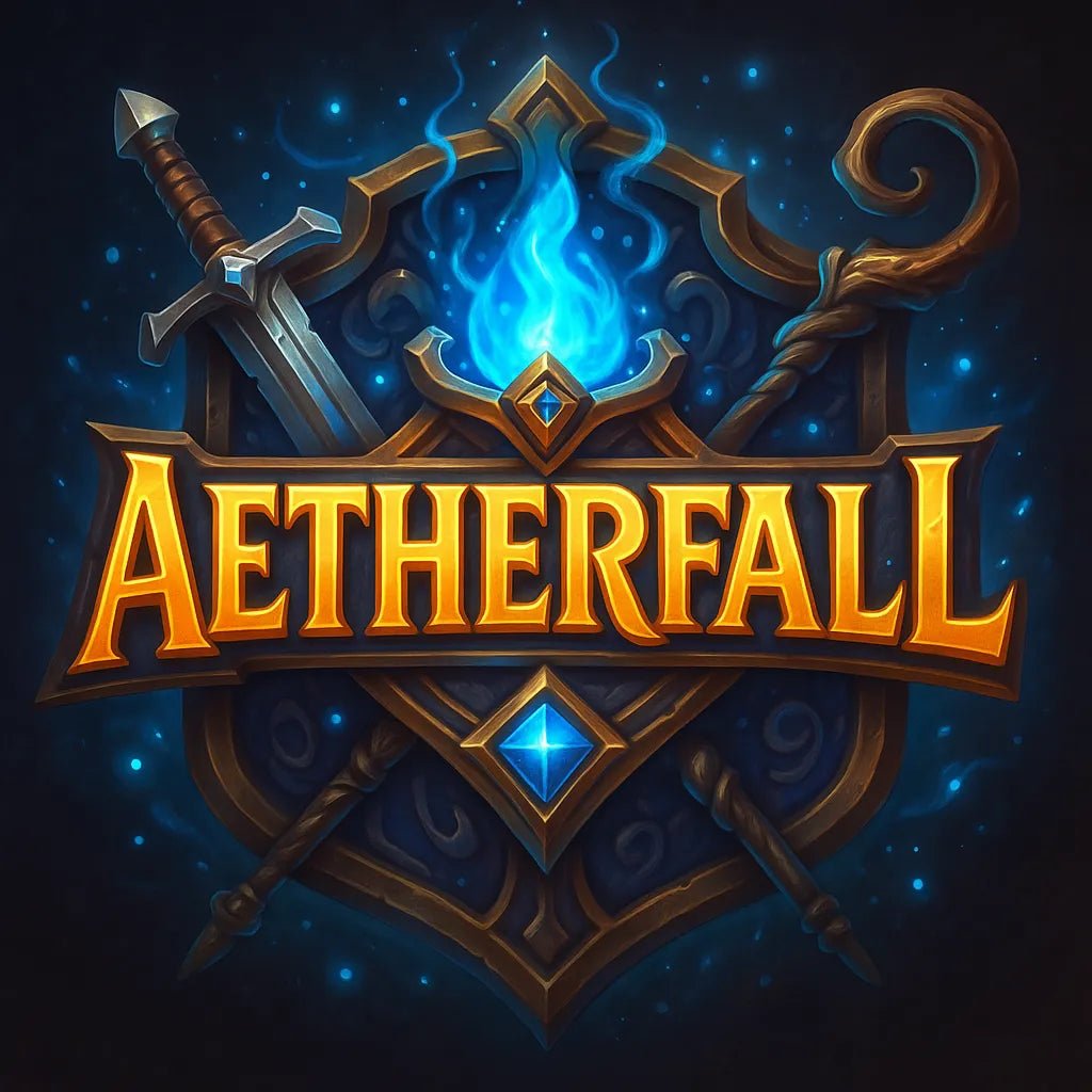 Example output from the Fantasy Game Title Logos ChatGPT prompt: glowing fantasy game titles with 3D effects. Aetherfall.