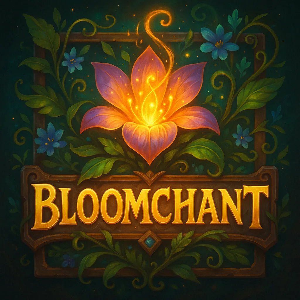 Example output from the Fantasy Game Title Logos ChatGPT prompt: glowing fantasy game titles with 3D effects. Bloomchant.