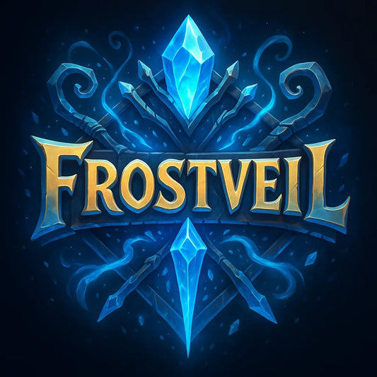 Example output from the Fantasy Game Title Logos ChatGPT prompt: glowing fantasy game titles with 3D effects. Frostveil.