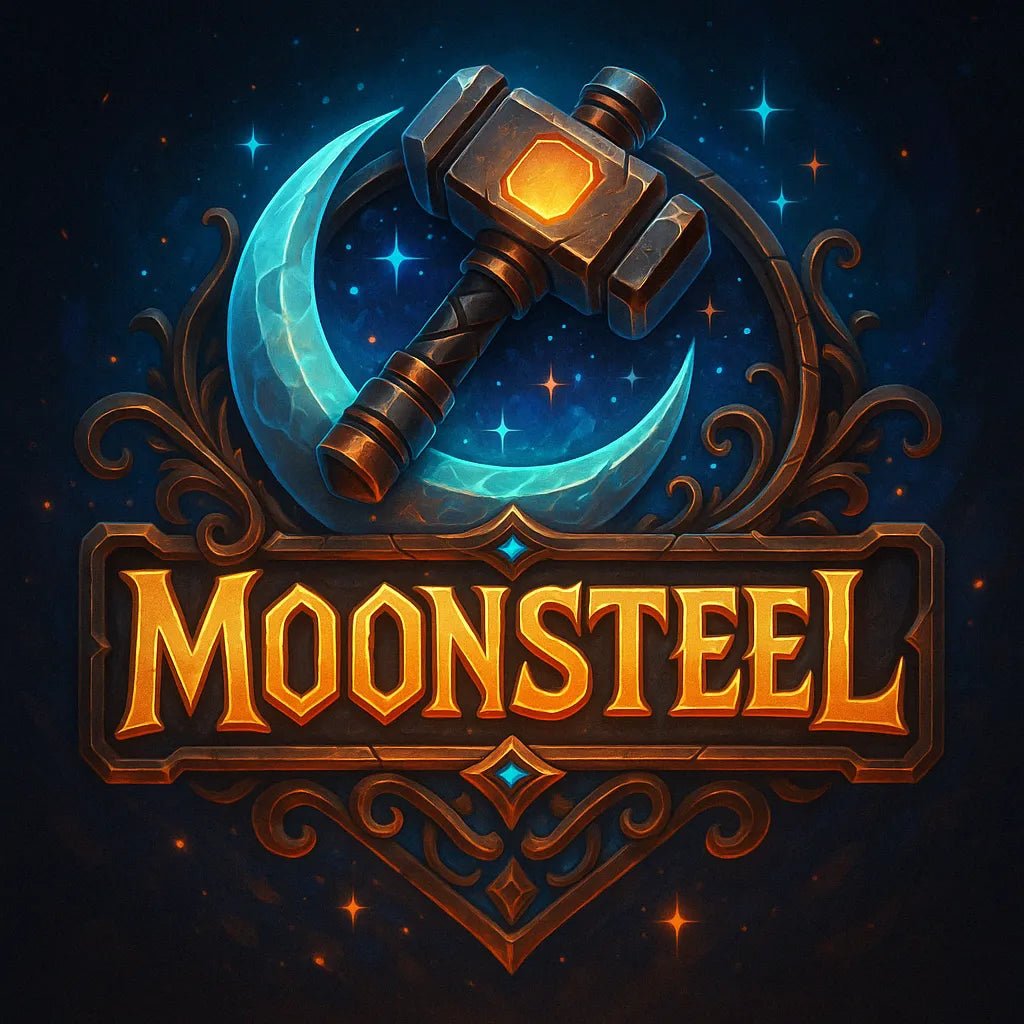 Example output from the Fantasy Game Title Logos ChatGPT prompt: glowing fantasy game titles with 3D effects. Moonsteel.