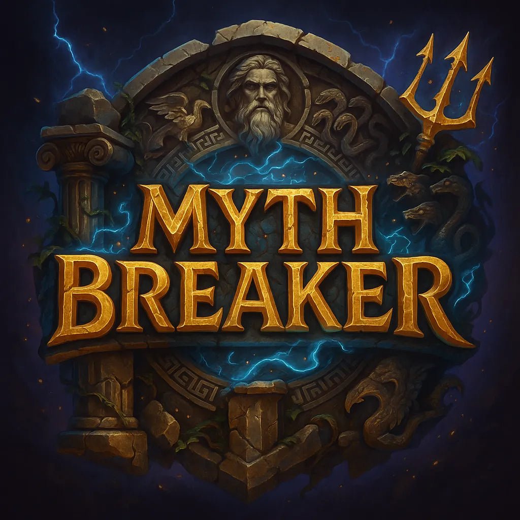 Example output from the Fantasy Game Title Logos ChatGPT prompt: glowing fantasy game titles with 3D effects. Myth Breaker.