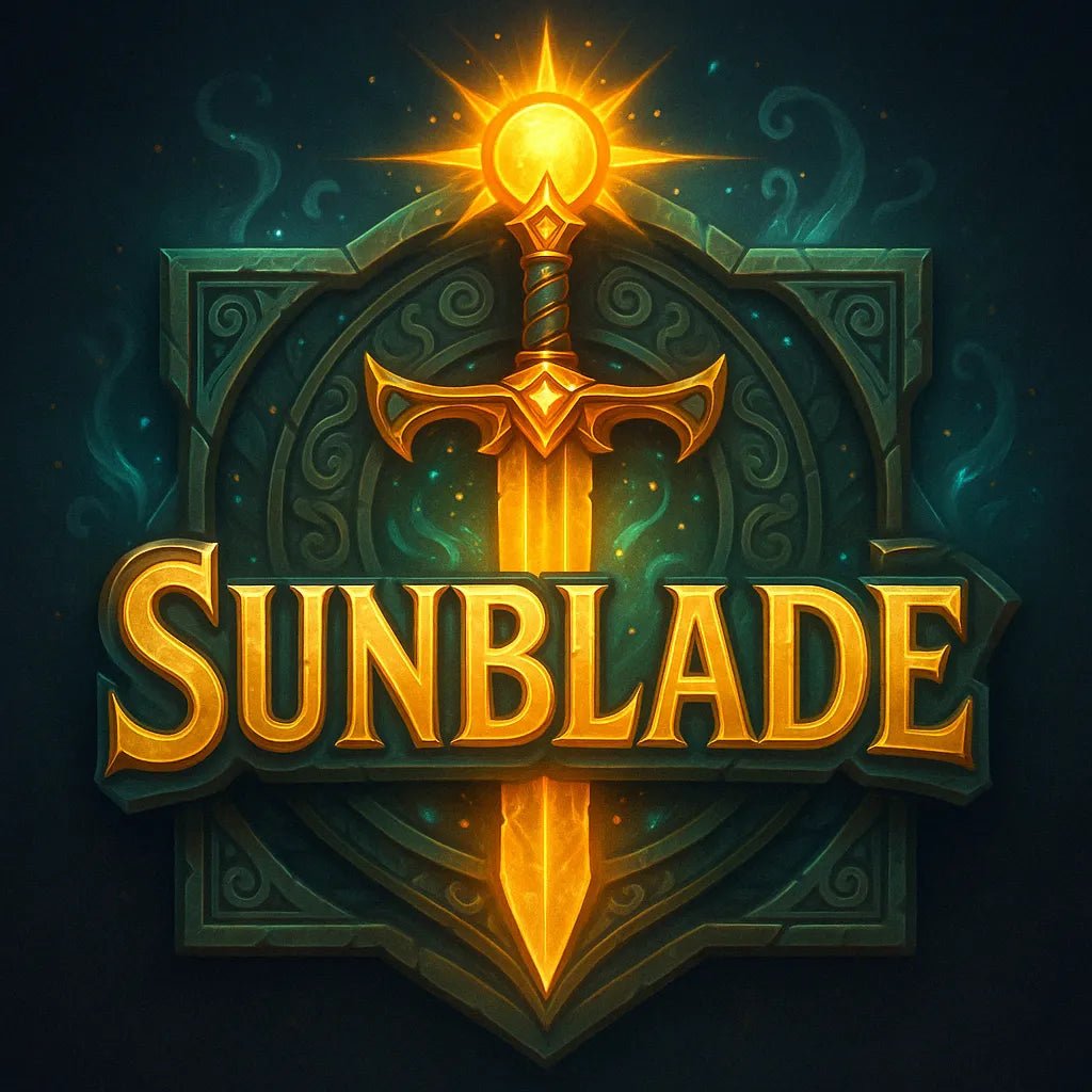 Example output from the Fantasy Game Title Logos ChatGPT prompt: glowing fantasy game titles with 3D effects. Sunblade.
