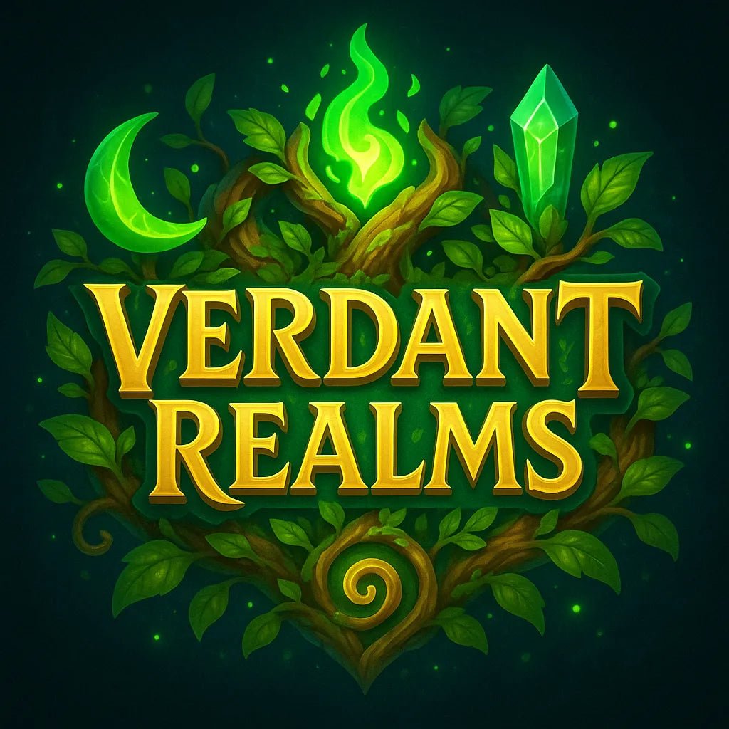 Example output from the Fantasy Game Title Logos ChatGPT prompt: glowing fantasy game titles with 3D effects. Verdant Realms.