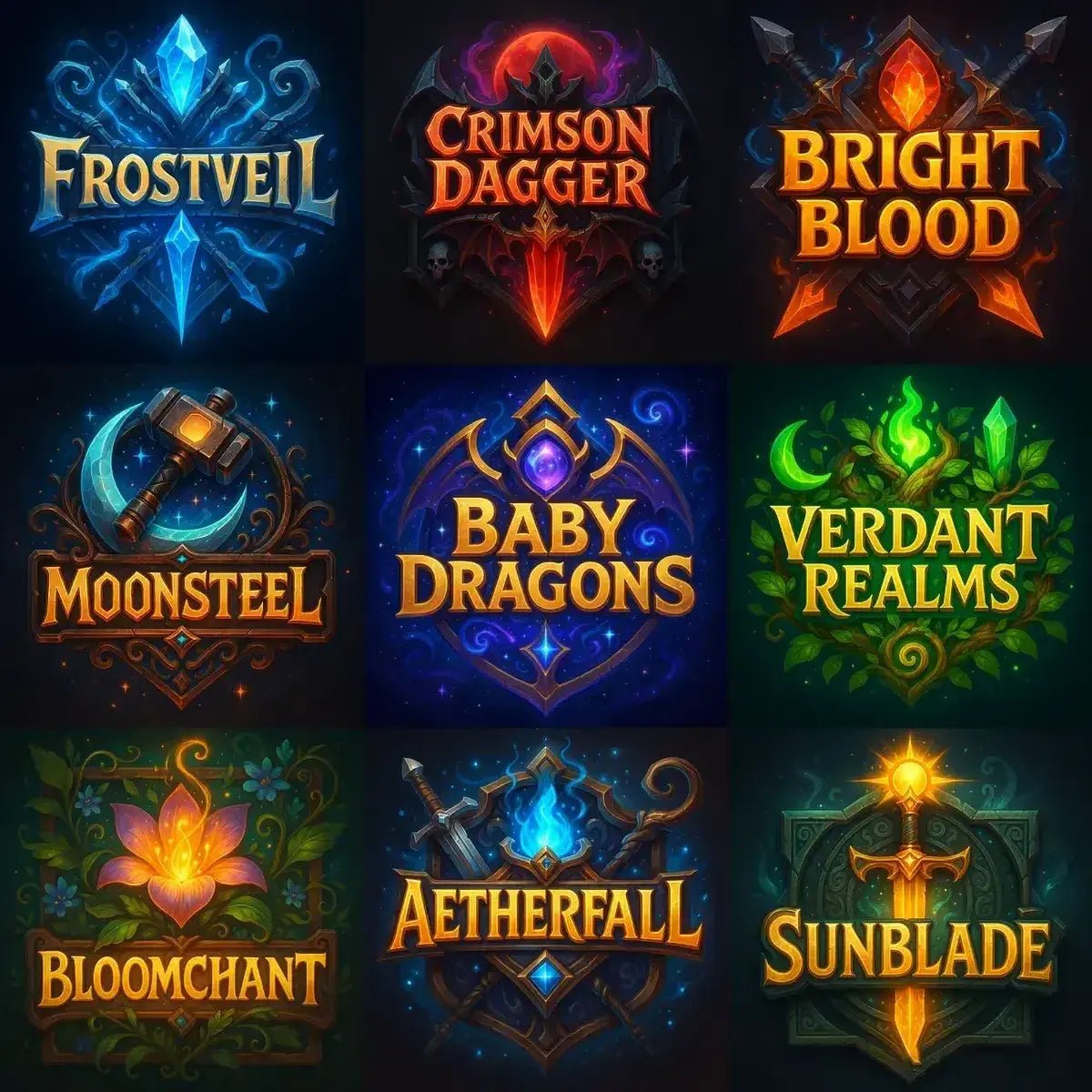 Example output from the Fantasy Game Title Logos ChatGPT prompt: glowing fantasy game titles with 3D effects, featuring rich emblems, genre-styled iconography, dramatic lighting, and title screen-ready compositions.