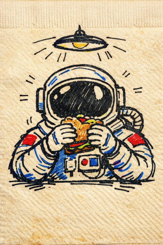 Example output from the Felt-tip Character Napkin Doodles ChatGPT prompt: a felt-tip napkin doodle of an astronaut eating a burger under a hanging lamp, drawn in bold marker outlines on textured napkin paper.