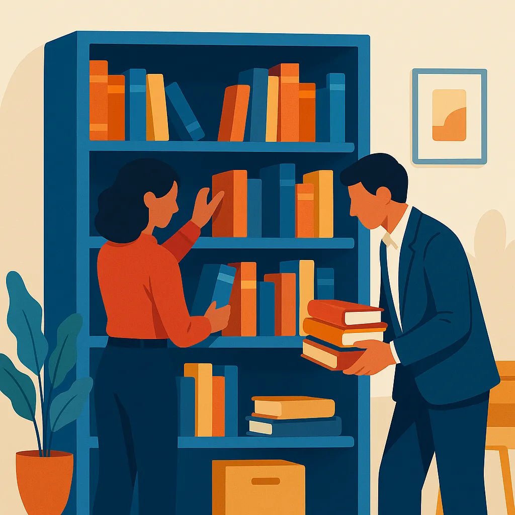 Example output from the Flat Action Scenes Illustrations ChatGPT prompt: colorful vector-style characters. Books.