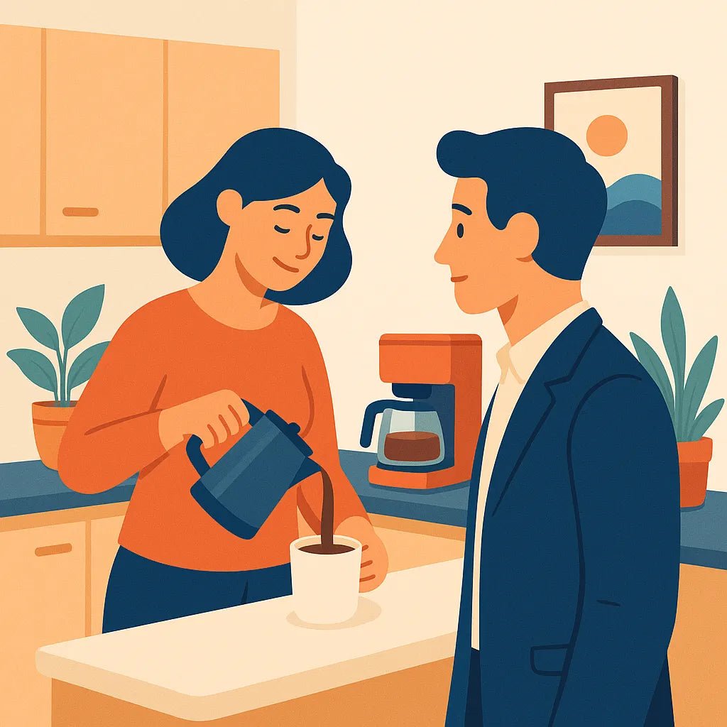 Example output from the Flat Action Scenes Illustrations ChatGPT prompt: colorful vector-style characters. Coffee Time.