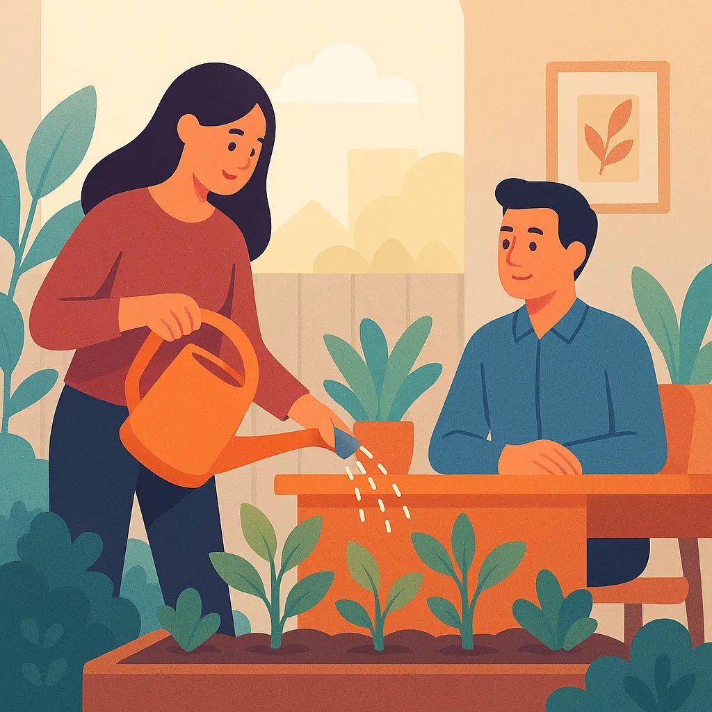 Example output from the Flat Action Scenes Illustrations ChatGPT prompt: colorful vector-style characters. Gardening.
