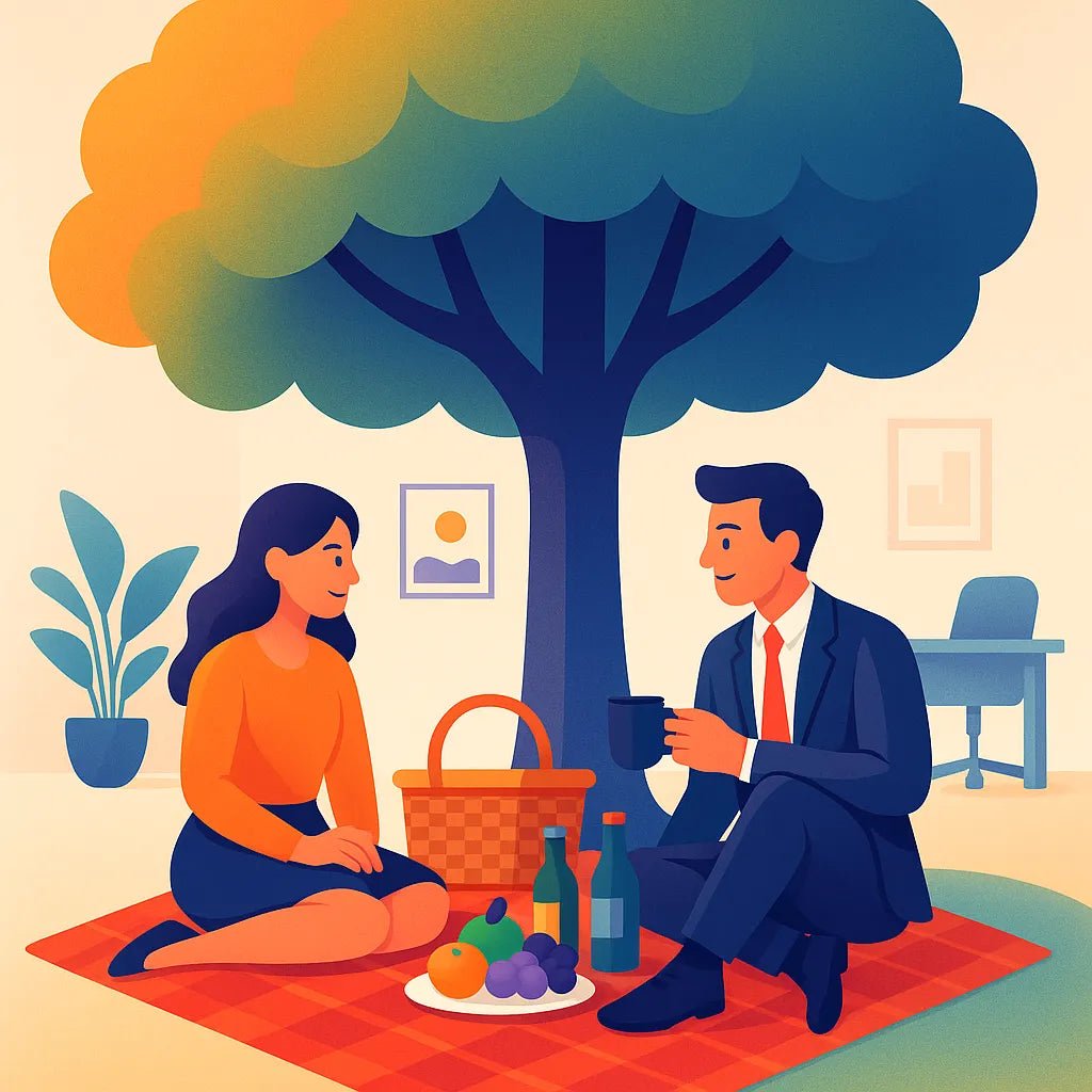 Example output from the Flat Action Scenes Illustrations ChatGPT prompt: colorful vector-style characters. Picnic.