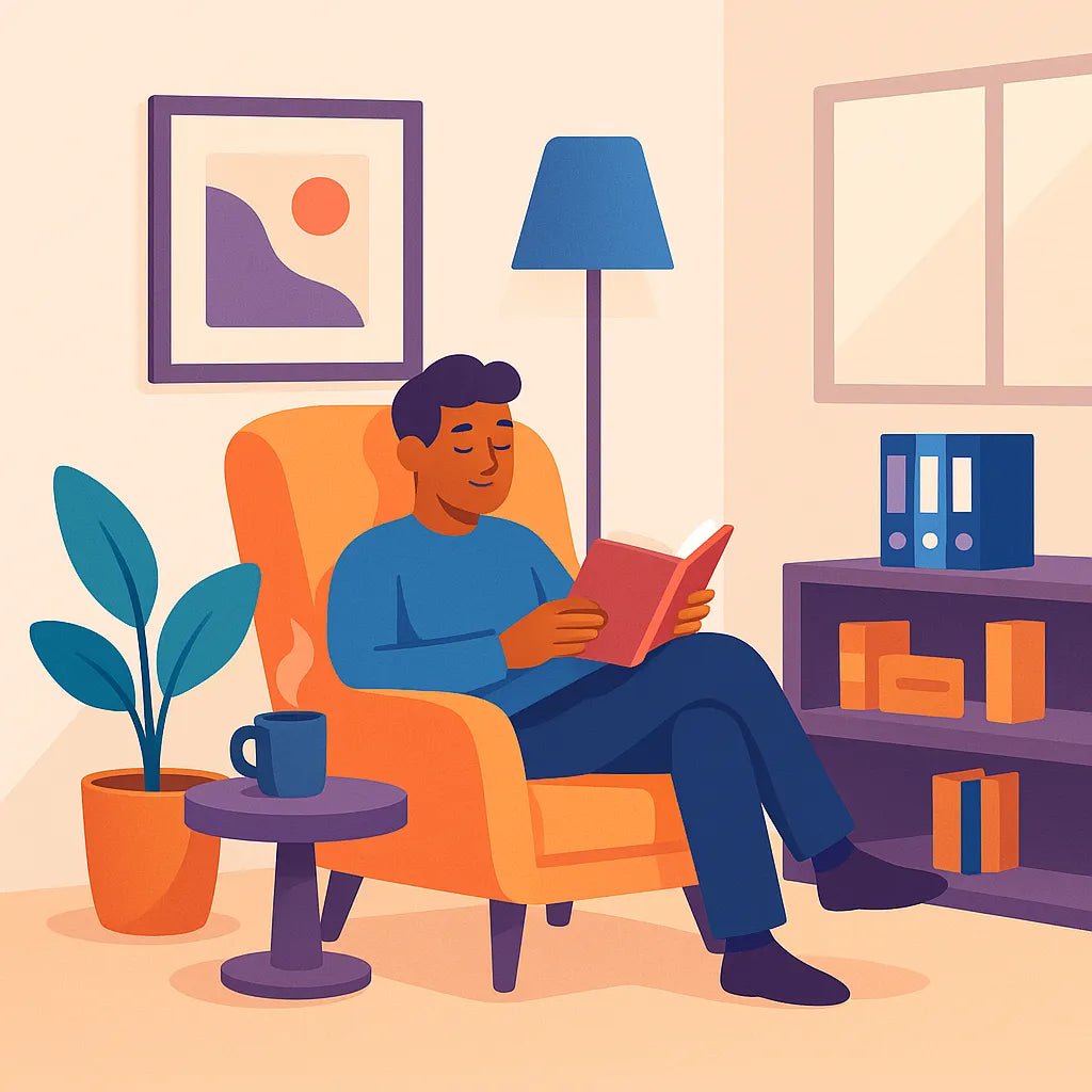 Example output from the Flat Action Scenes Illustrations ChatGPT prompt: colorful vector-style character. Reading.