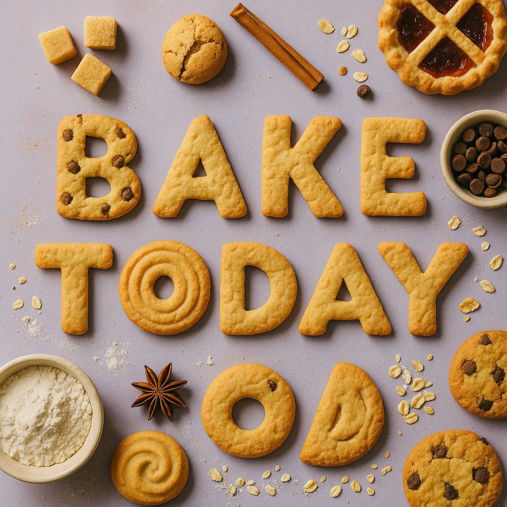 Example output of Flat-lay food typography ChatGPT Prompt featuring: Bake Today.