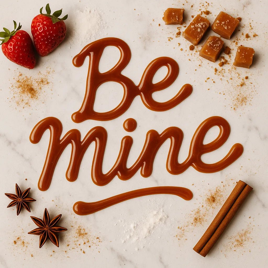 Example output of Flat-lay food typography ChatGPT Prompt featuring: Be Mine.