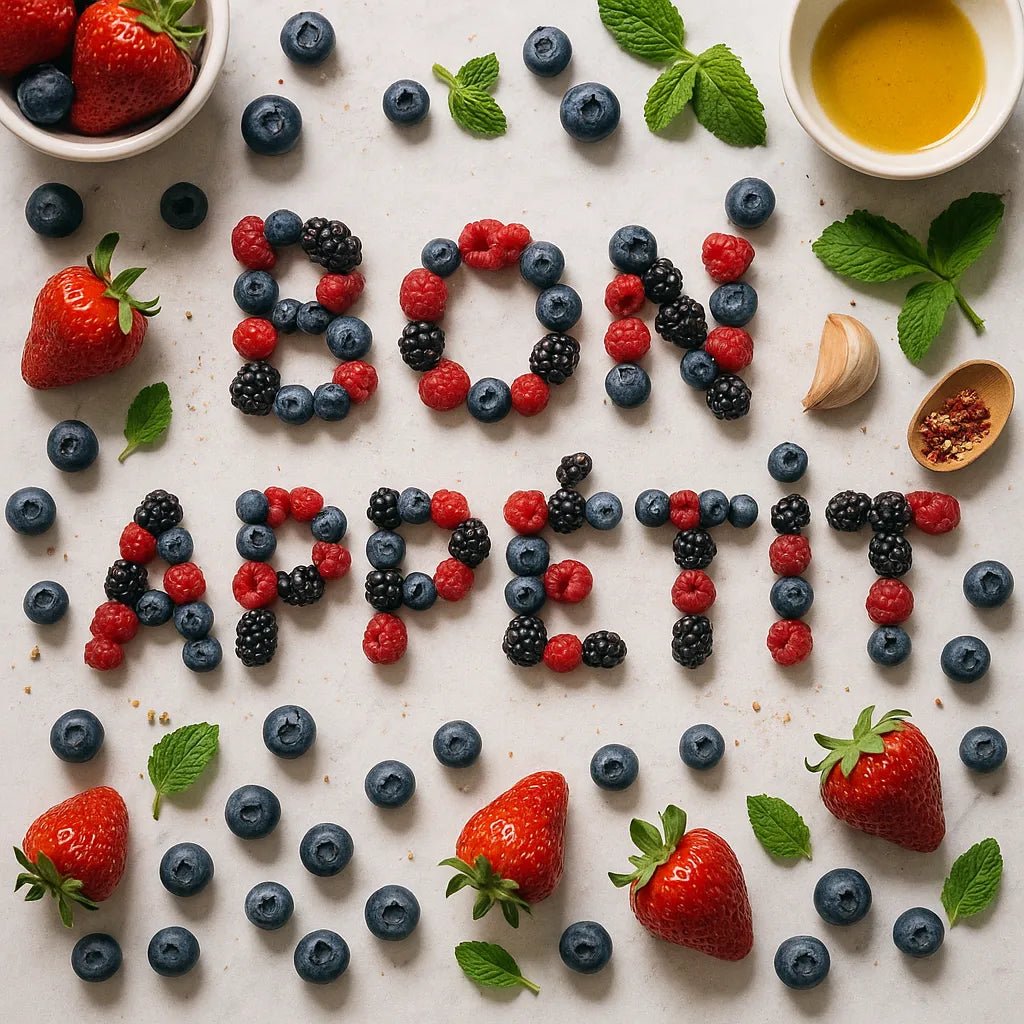 Example output of Flat-lay food typography ChatGPT Prompt featuring: Bon Appetit.