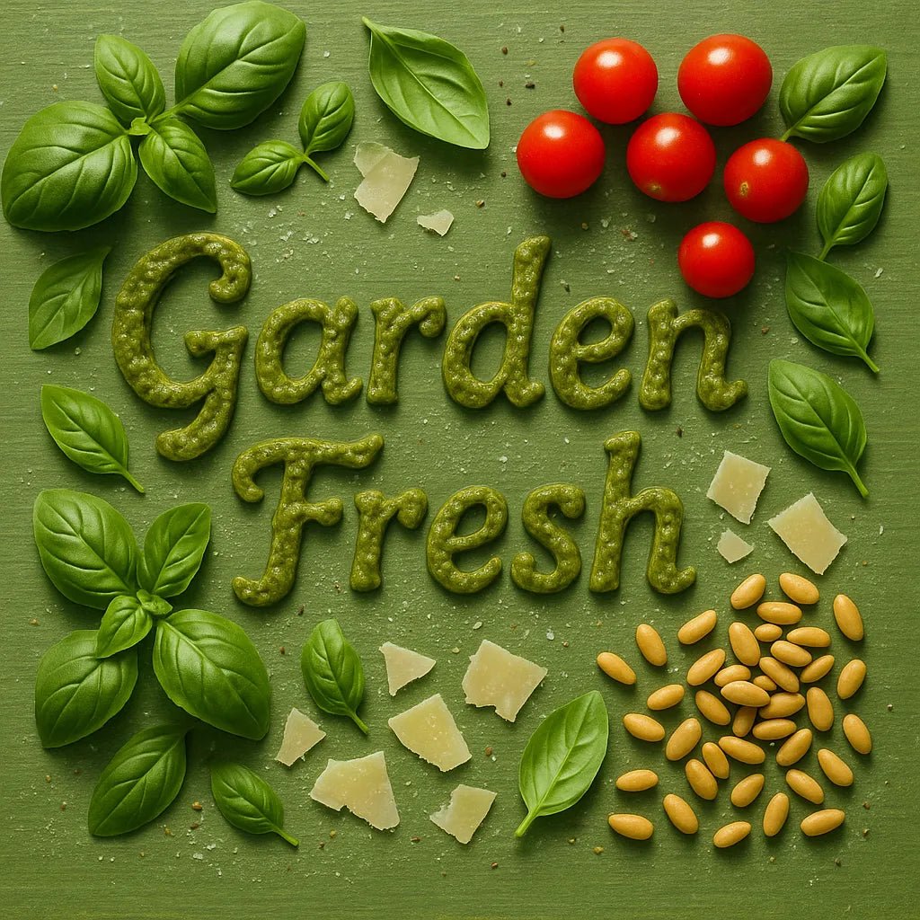 Example output of Flat-lay food typography ChatGPT Prompt featuring: Garden Fresh.
