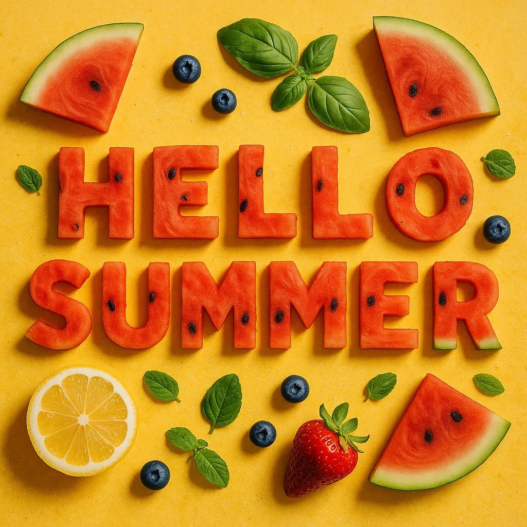 Example output of Flat-lay food typography ChatGPT Prompt featuring: Hello Summer.