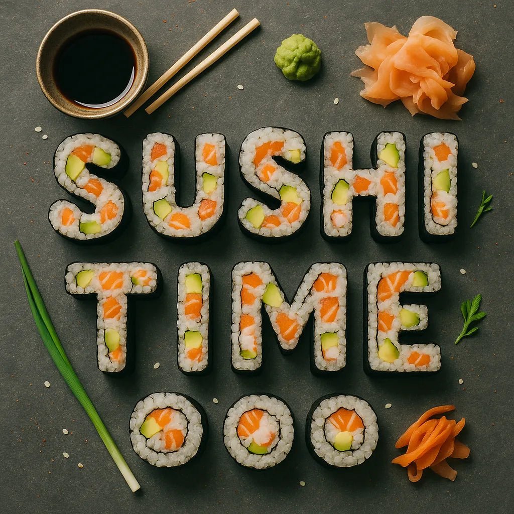 Example output of Flat-lay food typography ChatGPT Prompt featuring: Sushi Time.