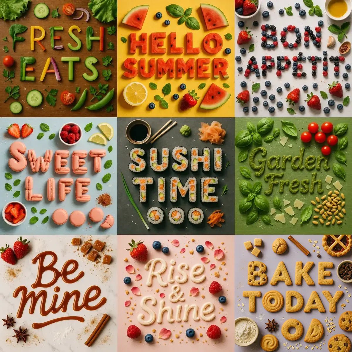 Example outputs of Flat-lay food typography ChatGPT Prompt featuring: letters formed from vegetables, fruits, macarons, sushi, basil, cookies, and spices on colored backdrops with crumbs and flour dust.