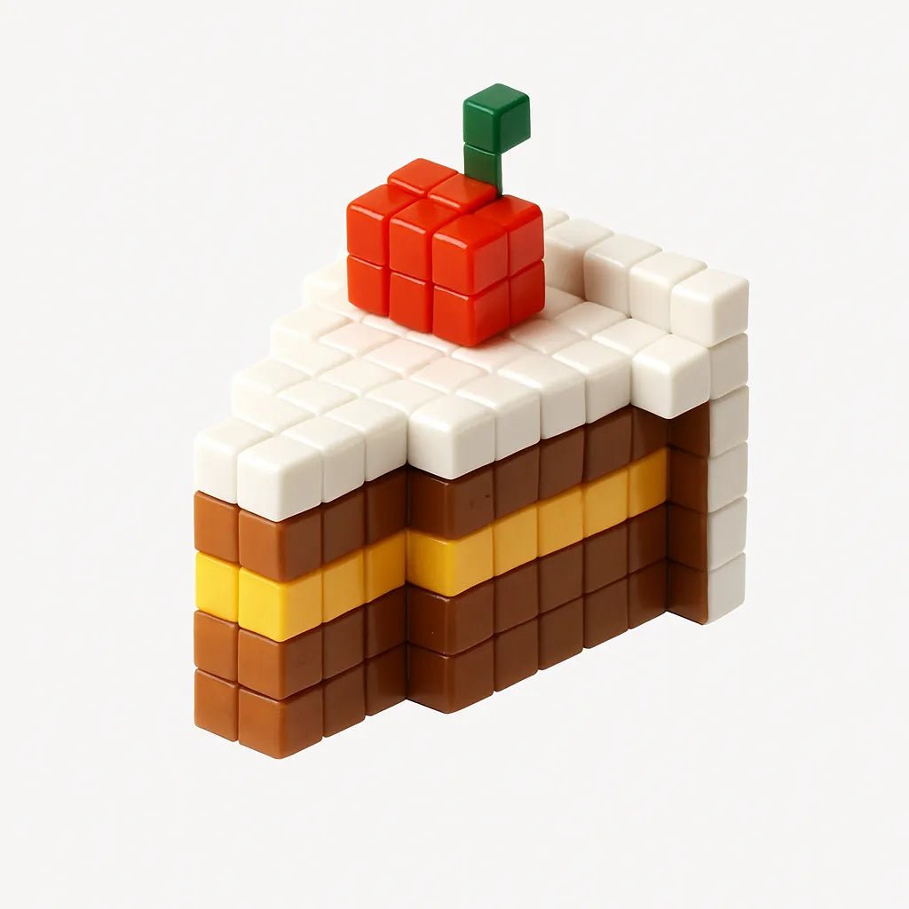 Example output from the Floating 3D Voxel Toy Renders ChatGPT prompt: voxel-style toys on a pure white background, featuring clean centered framing, glossy plastic texture, and subtle realism details like grain and lighting. Cake.