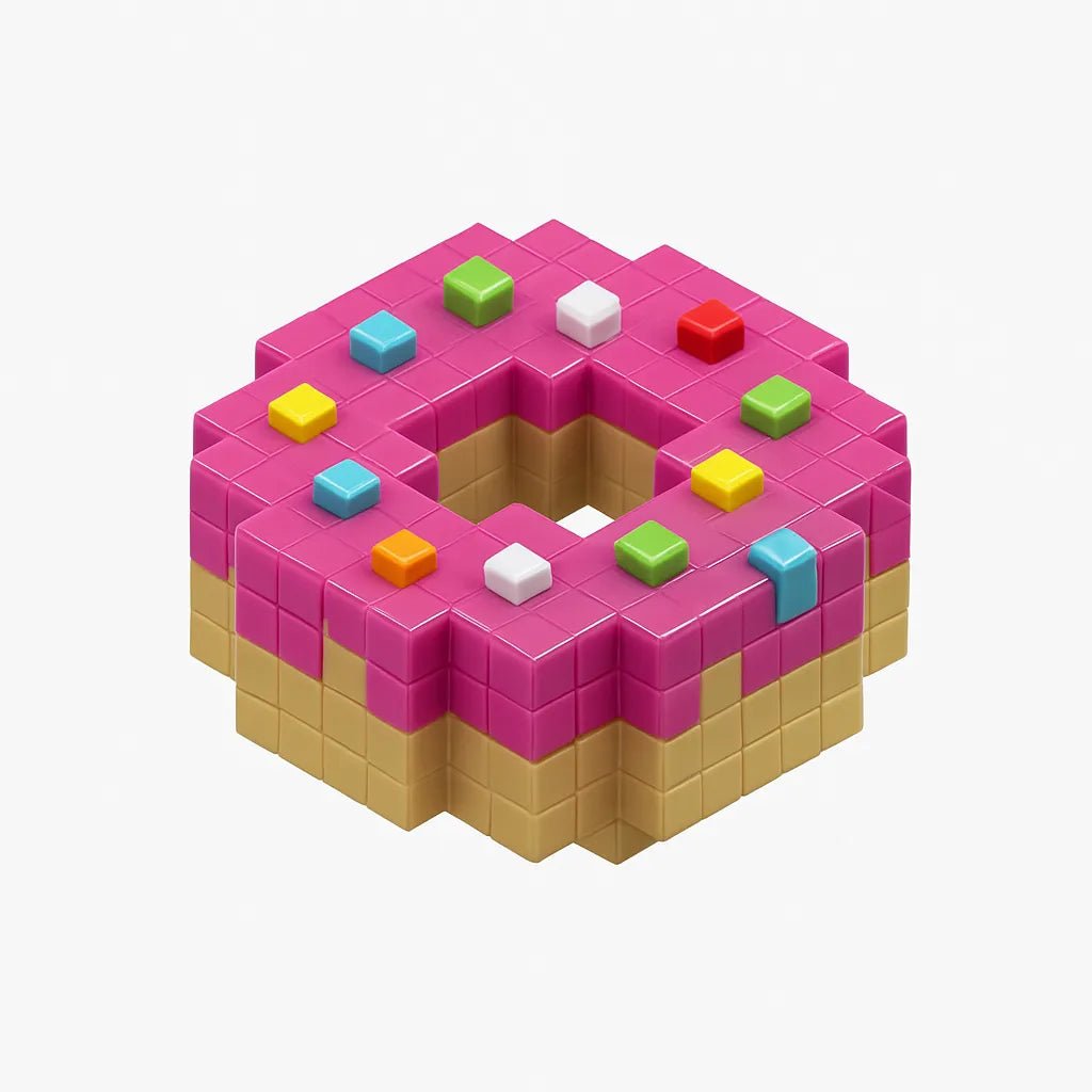 Example output from the Floating 3D Voxel Toy Renders ChatGPT prompt: voxel-style toys on a pure white background, featuring clean centered framing, glossy plastic texture, and subtle realism details like grain and lighting. Donut.