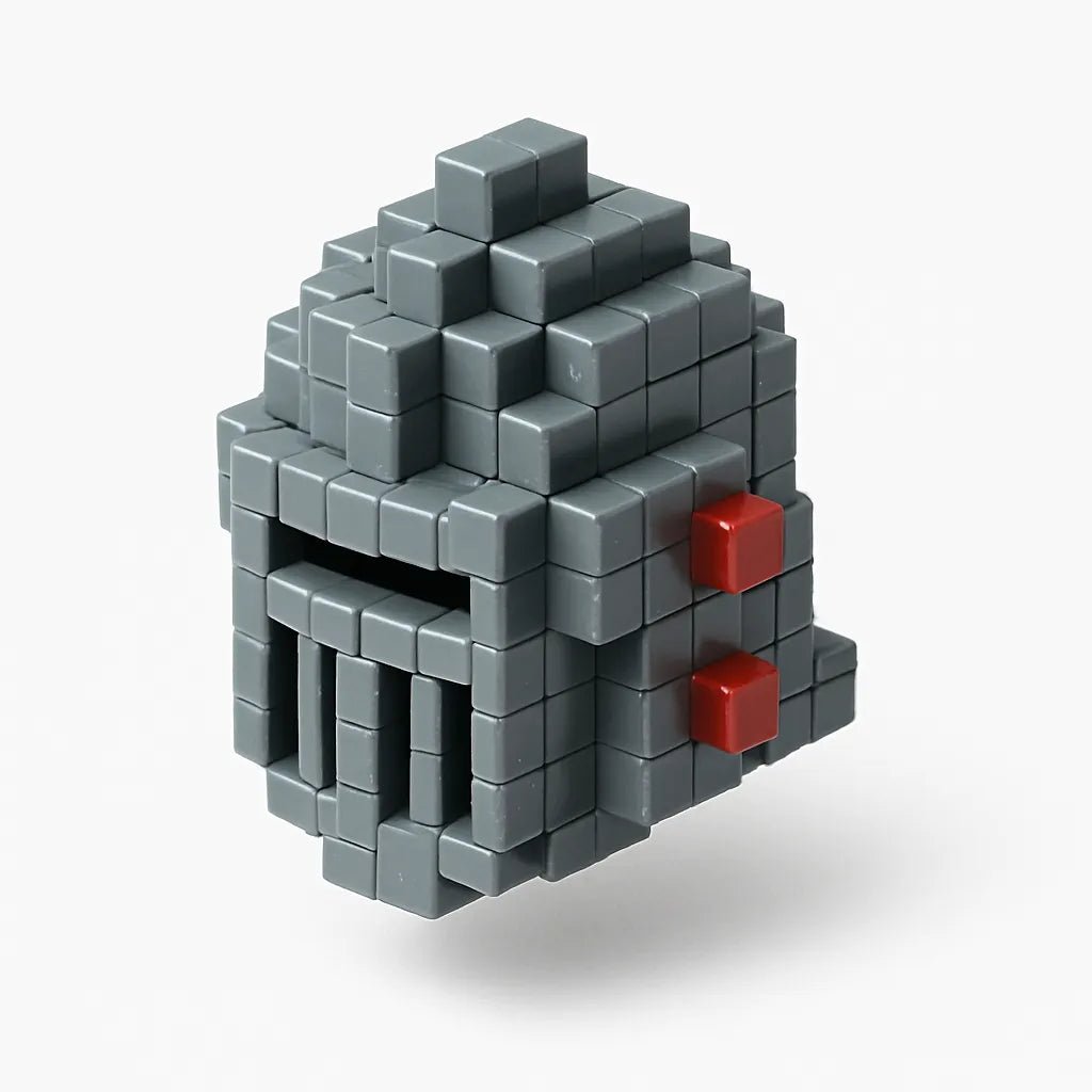 Example output from the Floating 3D Voxel Toy Renders ChatGPT prompt: voxel-style toys on a pure white background, featuring clean centered framing, glossy plastic texture, and subtle realism details like grain and lighting. Helmet.