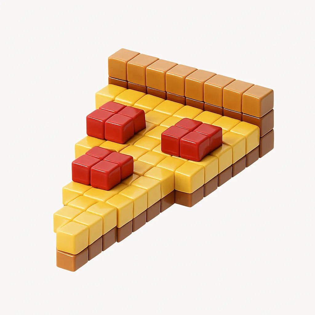 Example output from the Floating 3D Voxel Toy Renders ChatGPT prompt: voxel-style toys on a pure white background, featuring clean centered framing, glossy plastic texture, and subtle realism details like grain and lighting. Pizza.