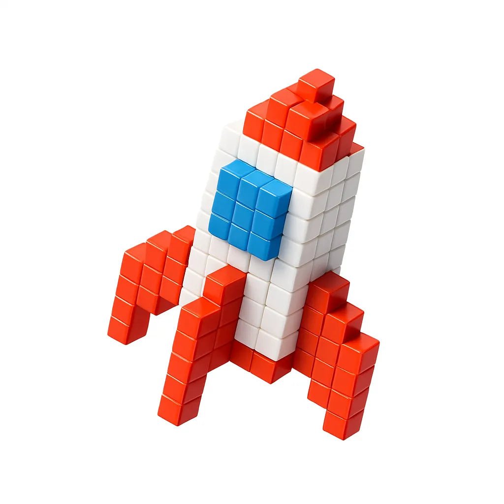 Example output from the Floating 3D Voxel Toy Renders ChatGPT prompt: voxel-style toys on a pure white background, featuring clean centered framing, glossy plastic texture, and subtle realism details like grain and lighting. Spaceship.