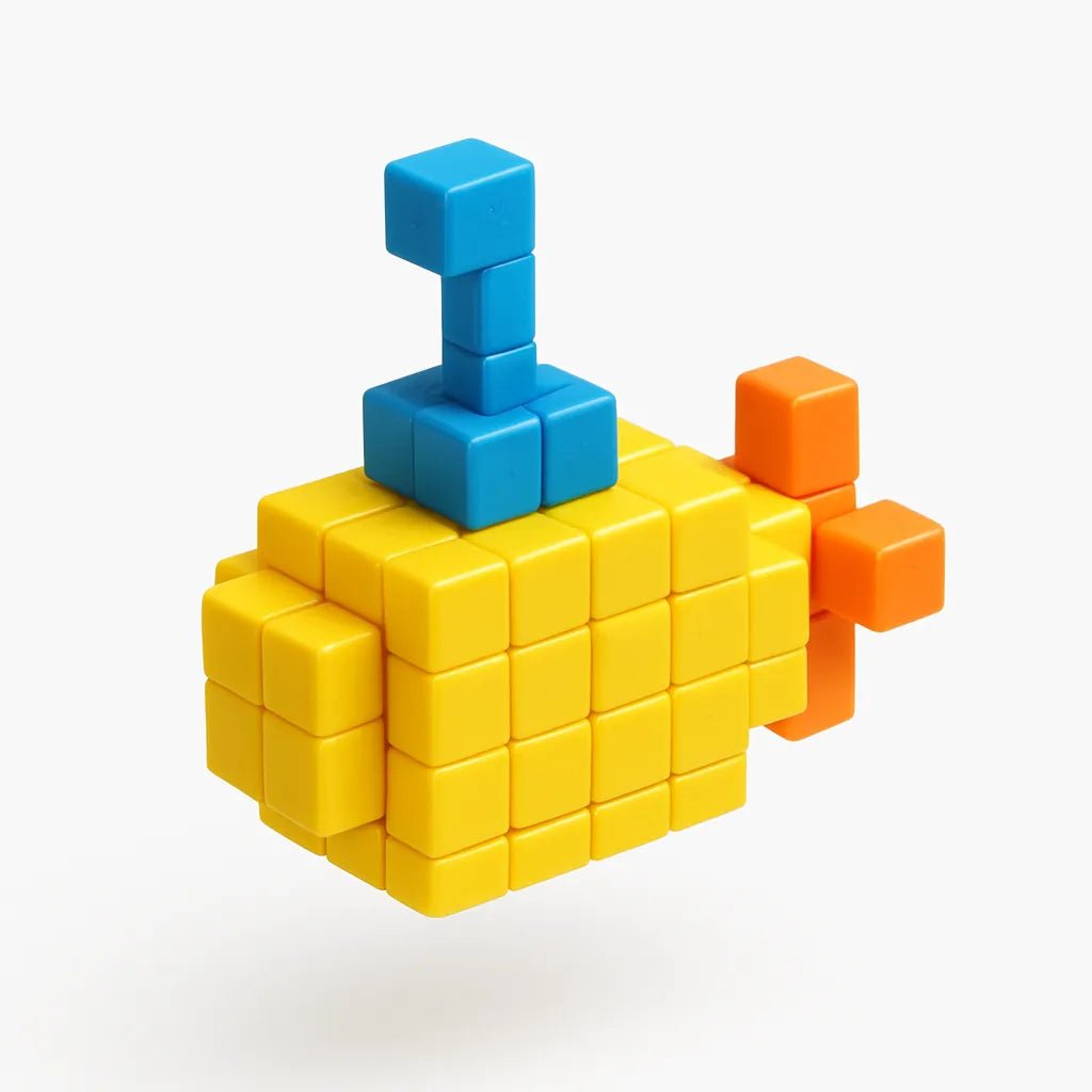 Example output from the Floating 3D Voxel Toy Renders ChatGPT prompt: voxel-style toys on a pure white background, featuring clean centered framing, glossy plastic texture, and subtle realism details like grain and lighting. Submarine.