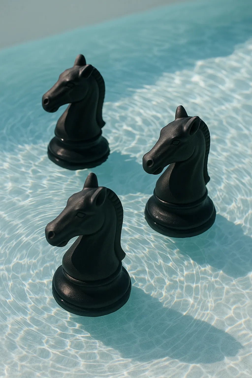Example output from the Floating Half Submerged 3 Object Shot ChatGPT prompt: photorealistic render of Chess Knights.