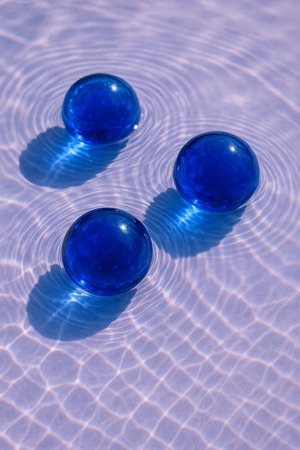 Example output from the Floating Half Submerged 3 Object Shot ChatGPT prompt: photorealistic render of Glass Marbles.