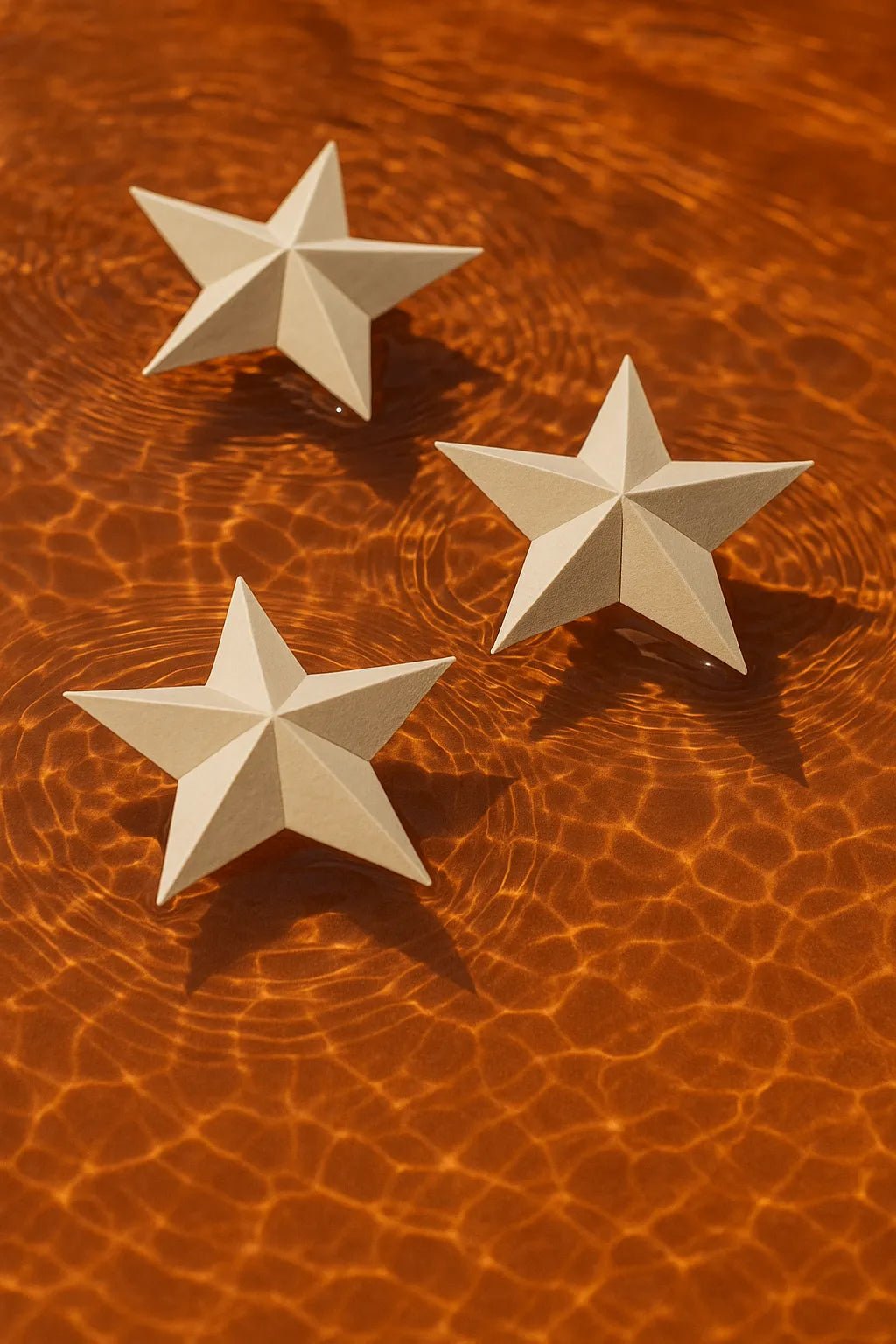 Example output from the Floating Half Submerged 3 Object Shot ChatGPT prompt: photorealistic render of Origami Stars