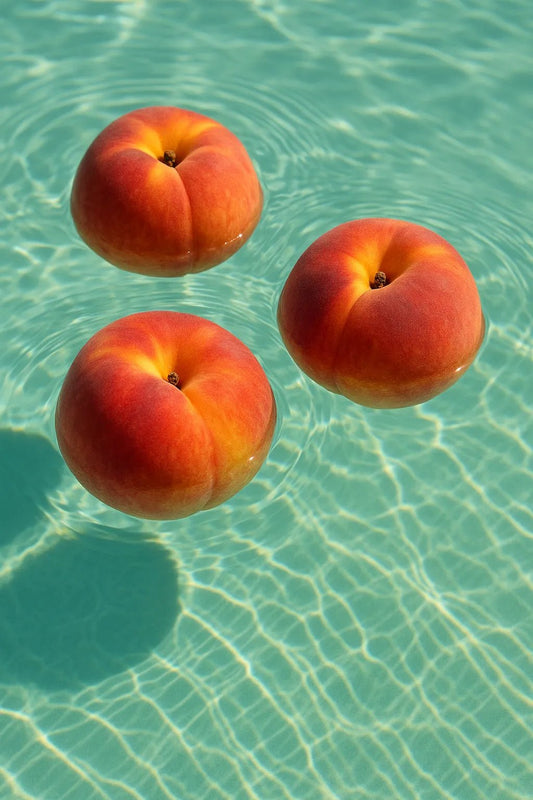 Example output from the Floating Half Submerged 3 Object Shot ChatGPT prompt: photorealistic render of Peaches.
