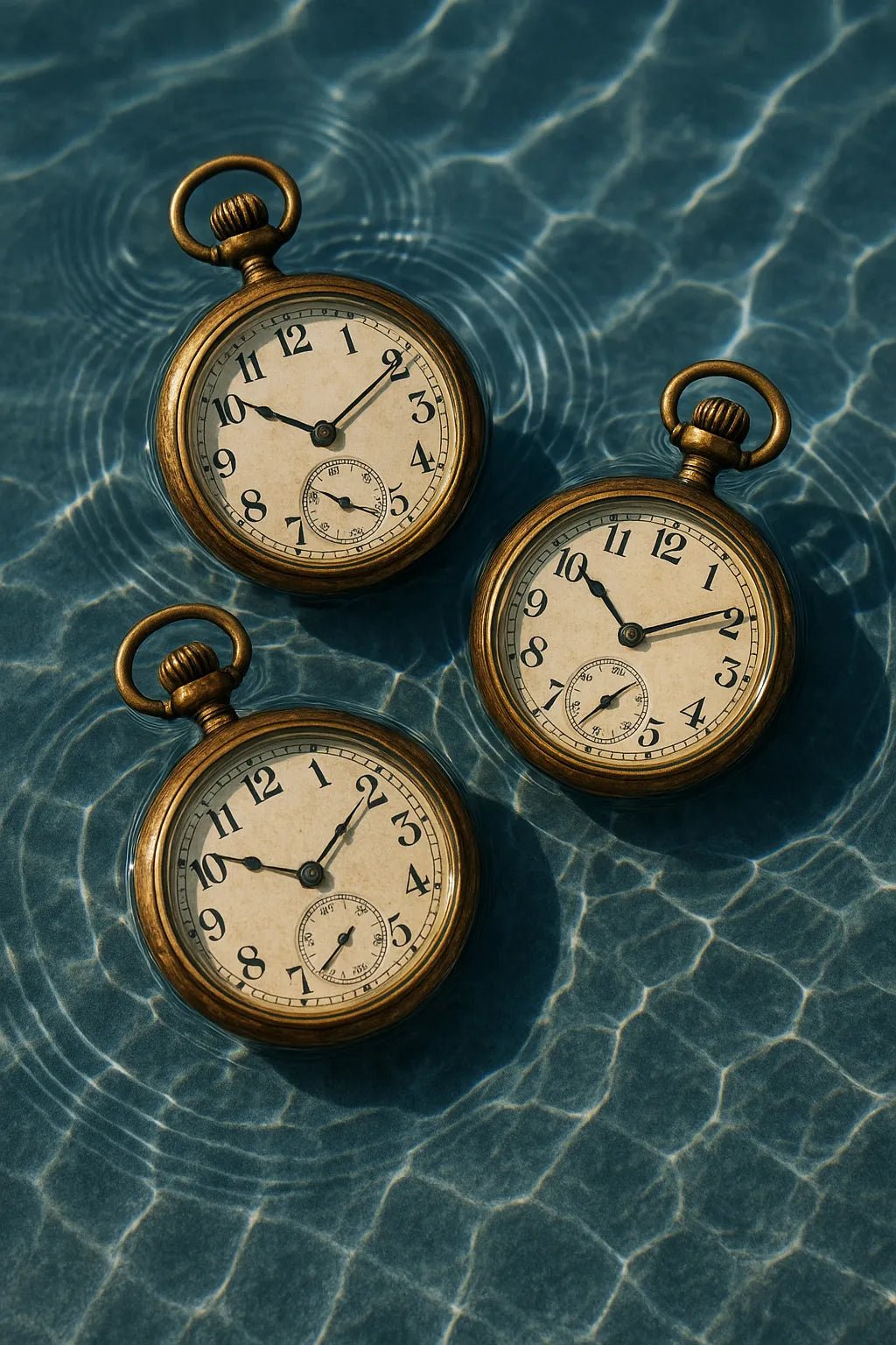 Example output from the Floating Half Submerged 3 Object Shot ChatGPT prompt: photorealistic render of Pocket Watches.