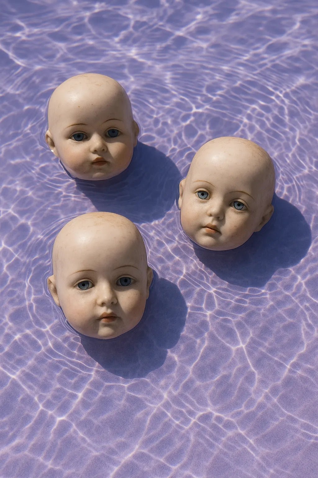 Example output from the Floating Half Submerged 3 Object Shot ChatGPT prompt: photorealistic render of Porcelain Doll Heads.