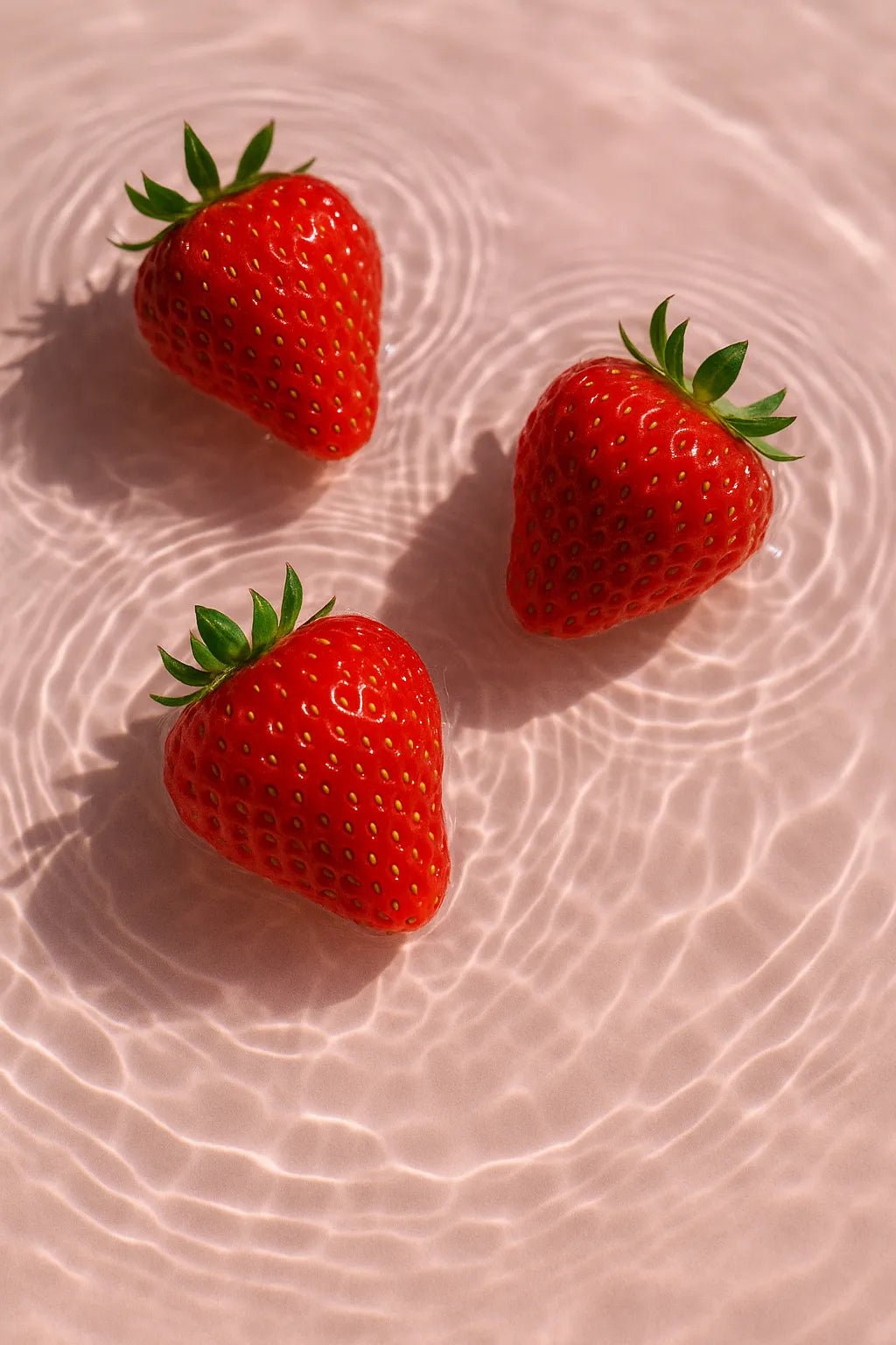 Example output from the Floating Half Submerged 3 Object Shot ChatGPT prompt: photorealistic render of Strawberry.