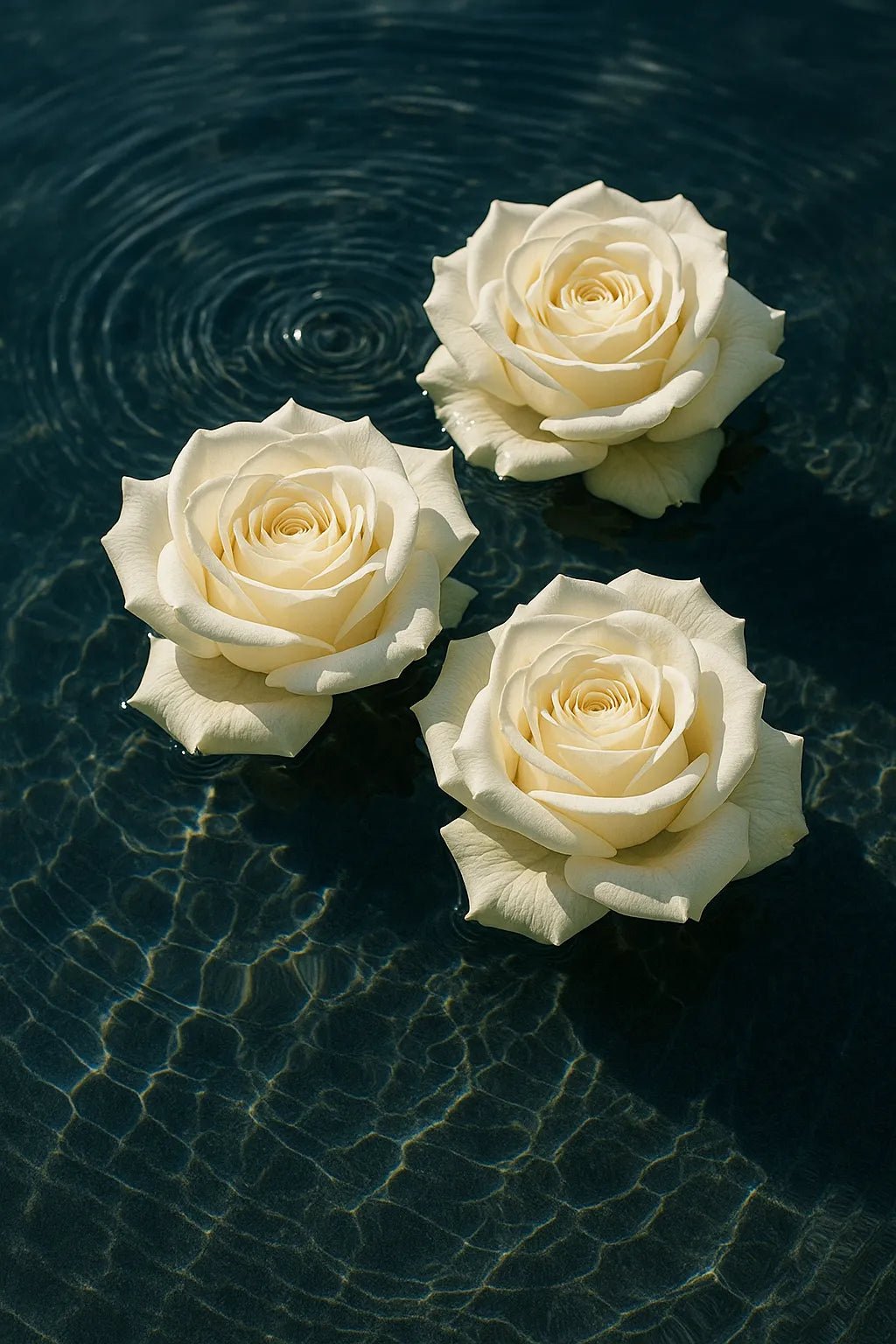 Example output from the Floating Half Submerged 3 Object Shot ChatGPT prompt: photorealistic render of White Roses.