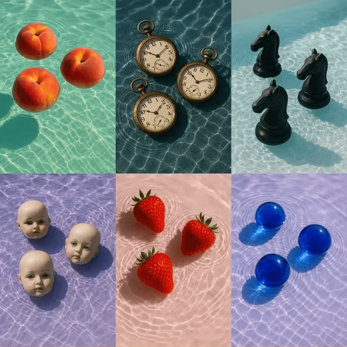 Example output from the Floating Half Submerged 3 Object Shot ChatGPT prompt: photorealistic renders of various objects like peaches, watches, and doll heads floating in pastel-colored pools with rippling water, soft caustics, and crisp top-down lighting.