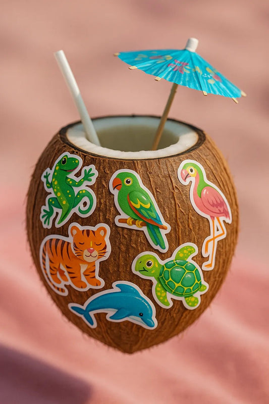 Example output from the Floating Photoreal Stickered Objects ChatGPT prompt: realistic objects floating mid-air, featuring vivid themed stickers, DSLR-style depth blur, and cinematic lighting for standout product visuals. Coconut.