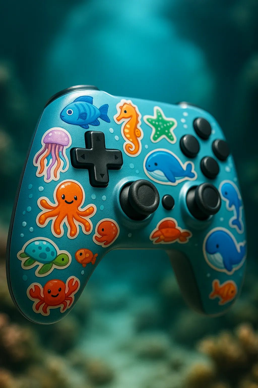Example output from the Floating Photoreal Stickered Objects ChatGPT prompt: realistic objects floating mid-air, featuring vivid themed stickers, DSLR-style depth blur, and cinematic lighting for standout product visuals. Game Controller.